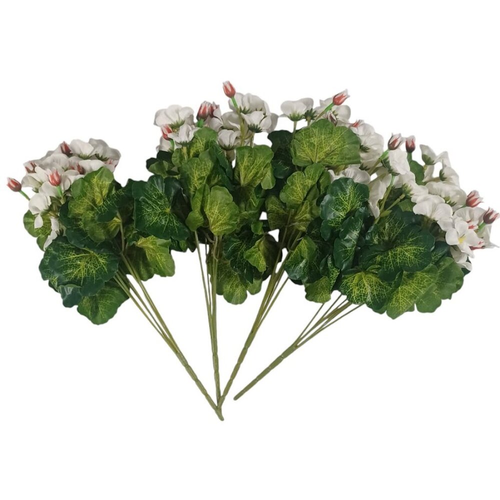 Mini Geraniums Artificial Faux Flowers -White -Set Of 4 -NEW -Floral Decoration